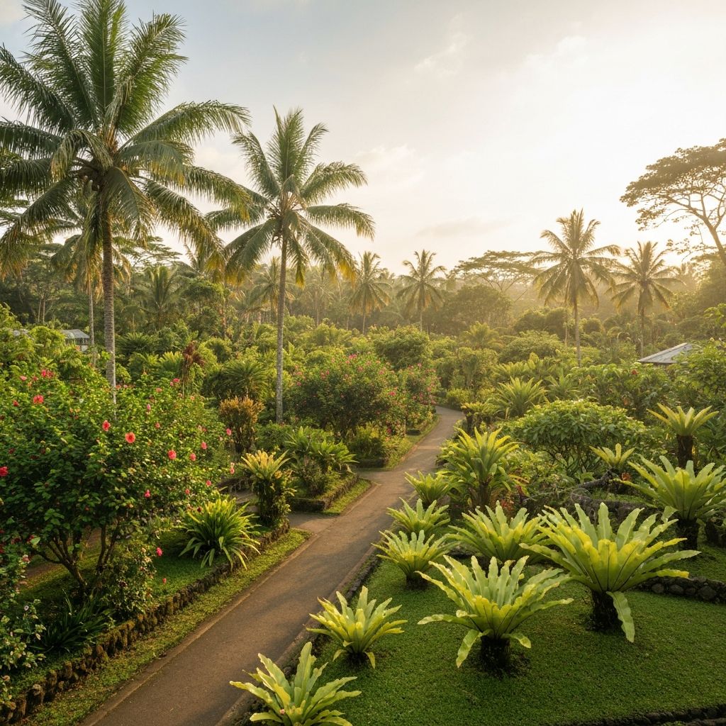 Tropical botanical garden with lush green plants and peaceful natural environment