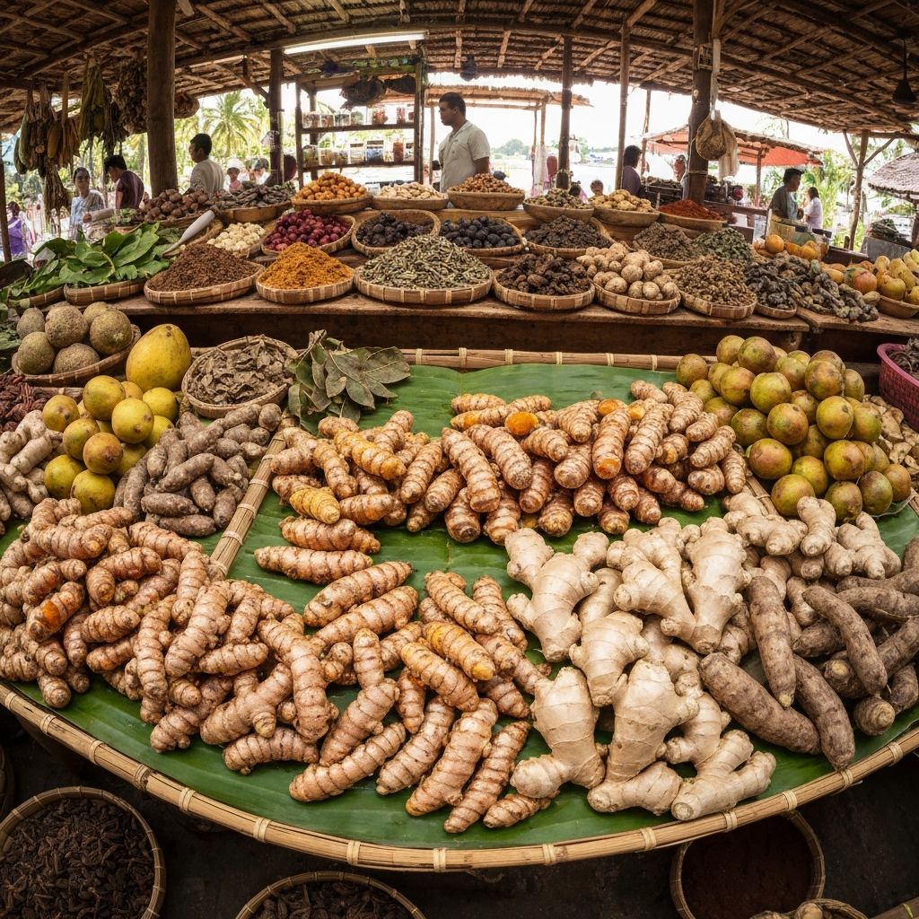 Fresh tropical roots and spices including turmeric and ginger